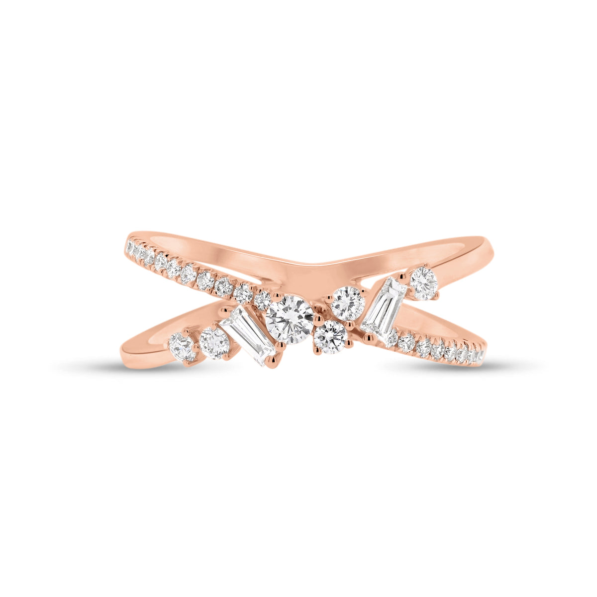 Mixed Cut Diamond Criss-Cross Ring  - 18K gold weighing 3.08 grams  - 31 round diamonds totaling 0.30 carats  - 2 tapered baguettes totaling 0.09 carats