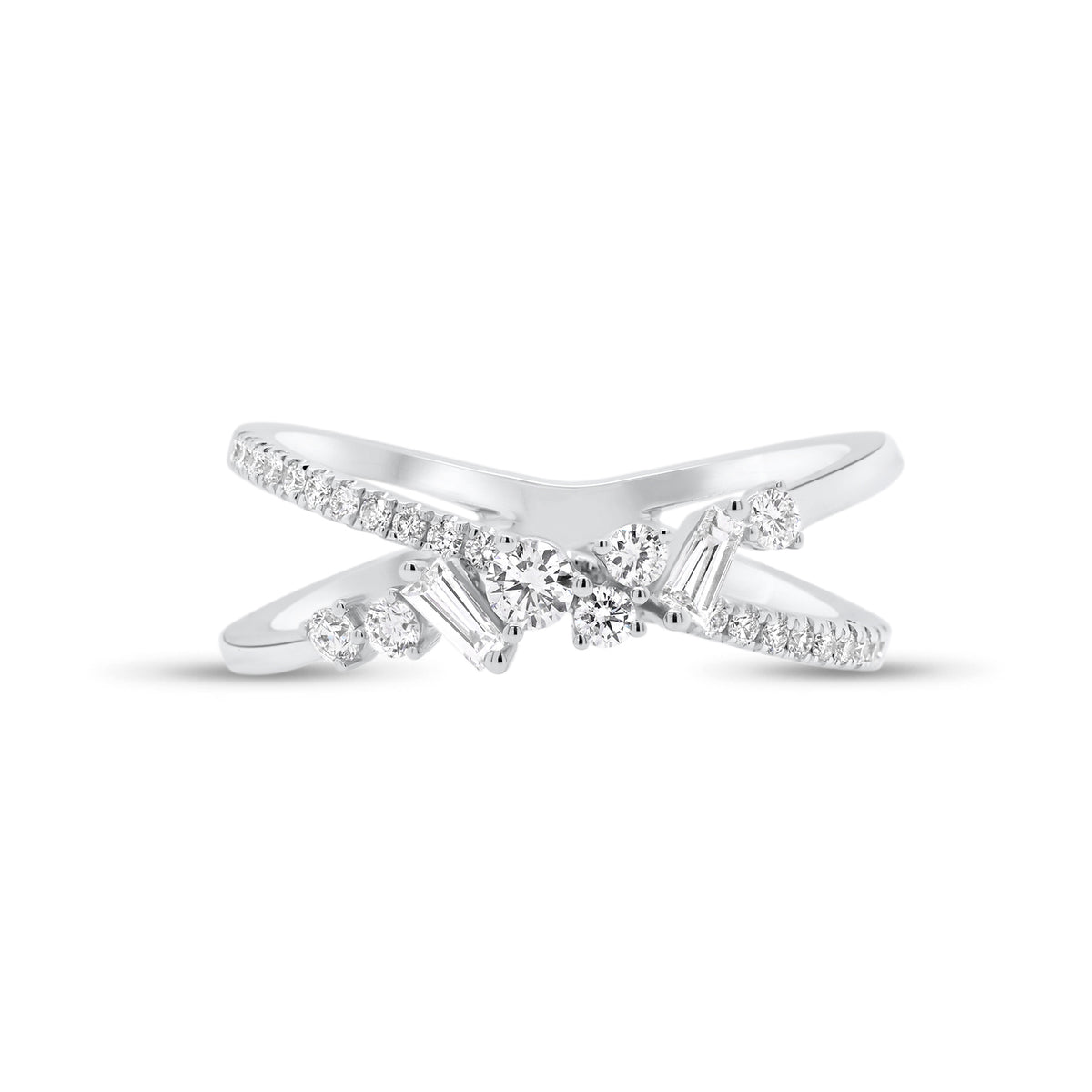 Mixed Cut Diamond Criss-Cross Ring  - 18K gold weighing 3.08 grams  - 31 round diamonds totaling 0.30 carats  - 2 tapered baguettes totaling 0.09 carats