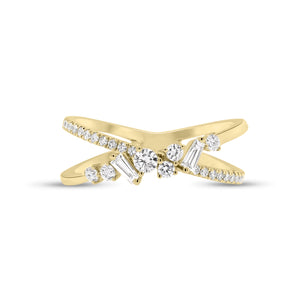 Mixed Cut Diamond Criss-Cross Ring  - 18K gold weighing 3.08 grams  - 31 round diamonds totaling 0.30 carats  - 2 tapered baguettes totaling 0.09 carats