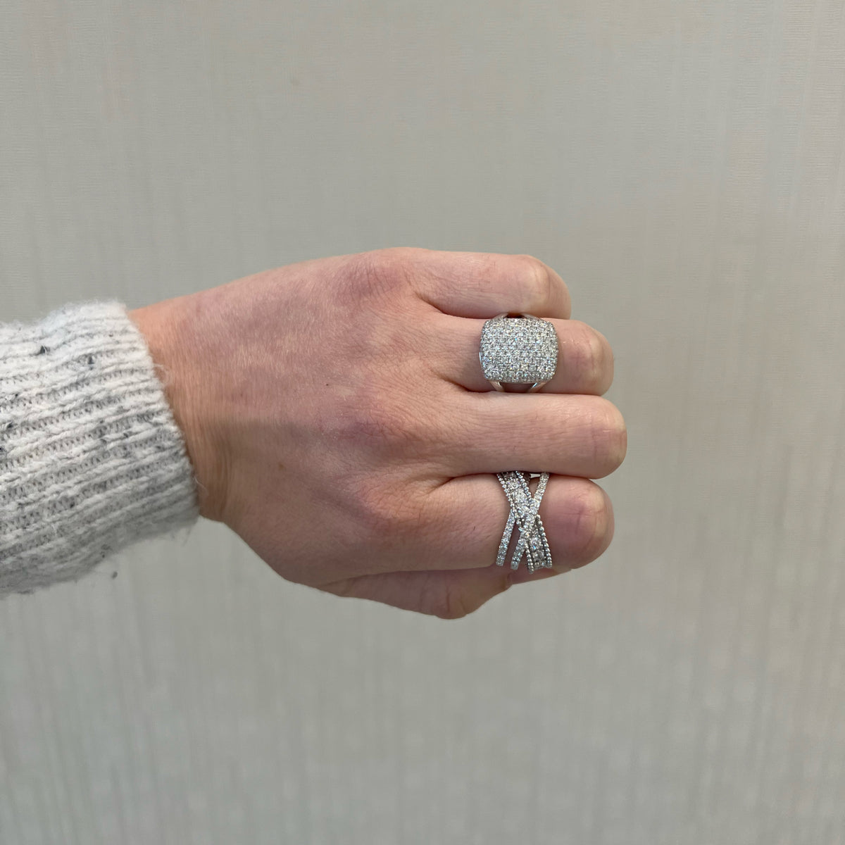 Pave Diamond Pillow Ring - 14K gold weighing 4.83 grams -Female Model Wearing 115 round diamonds weighing 1.49 carats