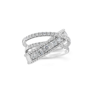 Diamond Overlapping Bands Ring  - 18K gold weighing 7.50 grams  - 53 round diamonds totaling 0.64 carats  - 7 round diamonds totaling 0.43 carats