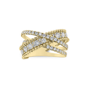 Diamond Overlapping Bands Ring  - 18K gold weighing 7.50 grams  - 53 round diamonds totaling 0.64 carats  - 7 round diamonds totaling 0.43 carats