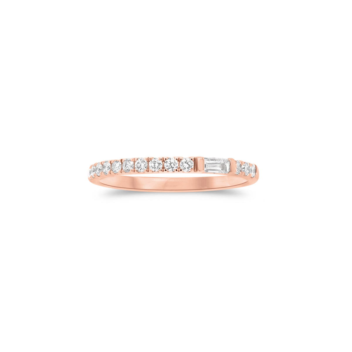 Diamond Slim Stackable Ring  - 18K gold weighing 1.47 grams  - 14 round diamonds totaling 0.20 carats  - 0.06 ct slim baguette