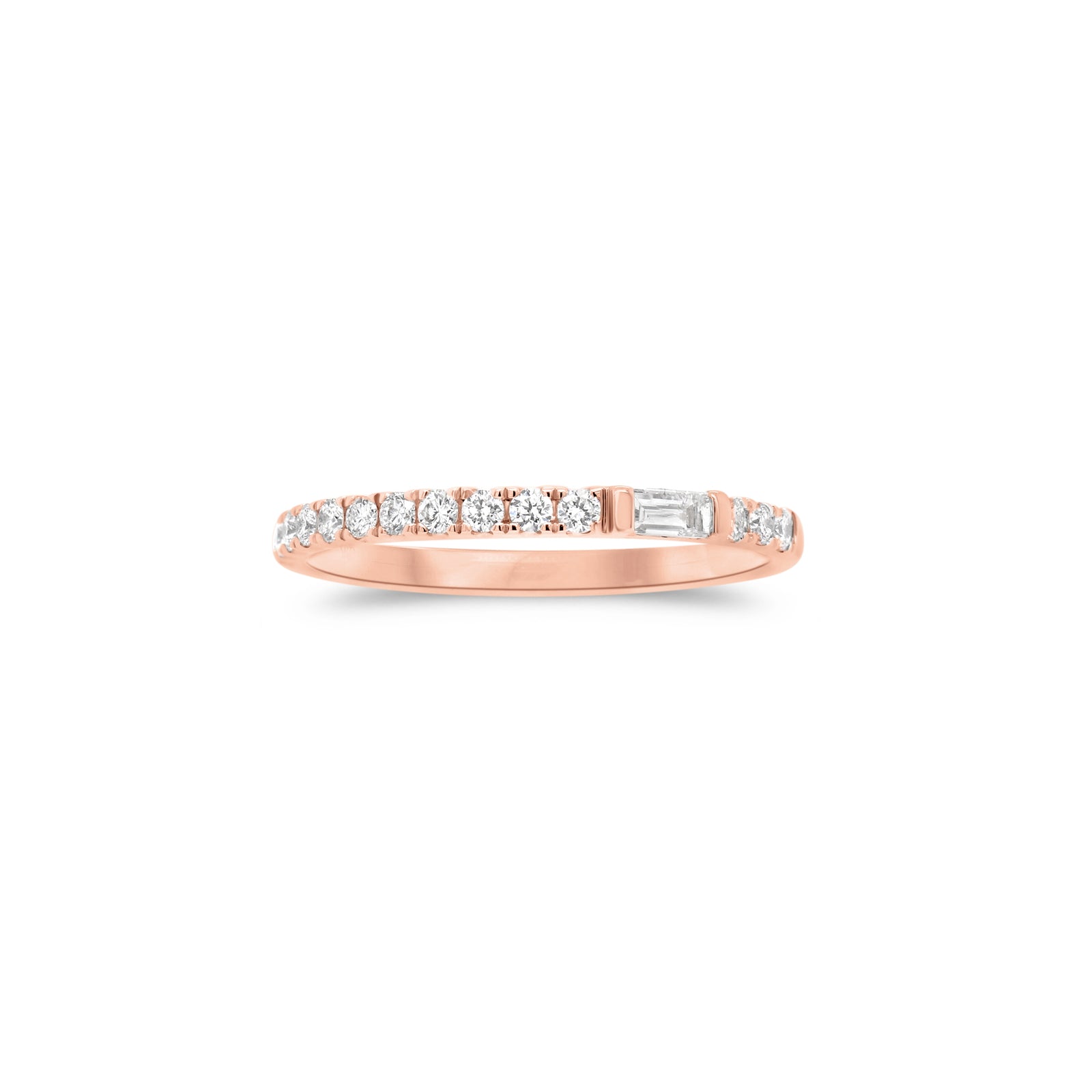 Diamond Slim Stackable Ring  - 18K gold weighing 1.47 grams  - 14 round diamonds totaling 0.20 carats  - 0.06 ct slim baguette