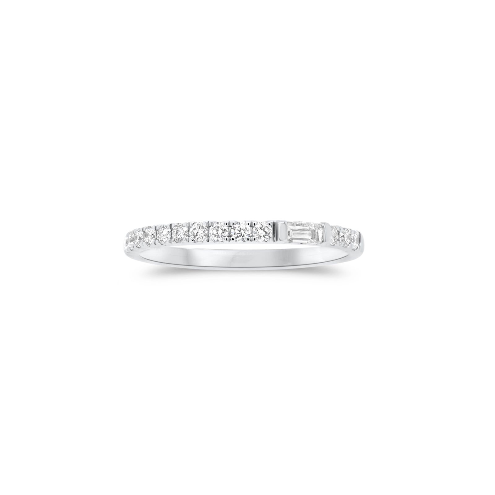 Diamond Slim Stackable Ring  - 18K gold weighing 1.47 grams  - 14 round diamonds totaling 0.20 carats  - 0.06 ct slim baguette