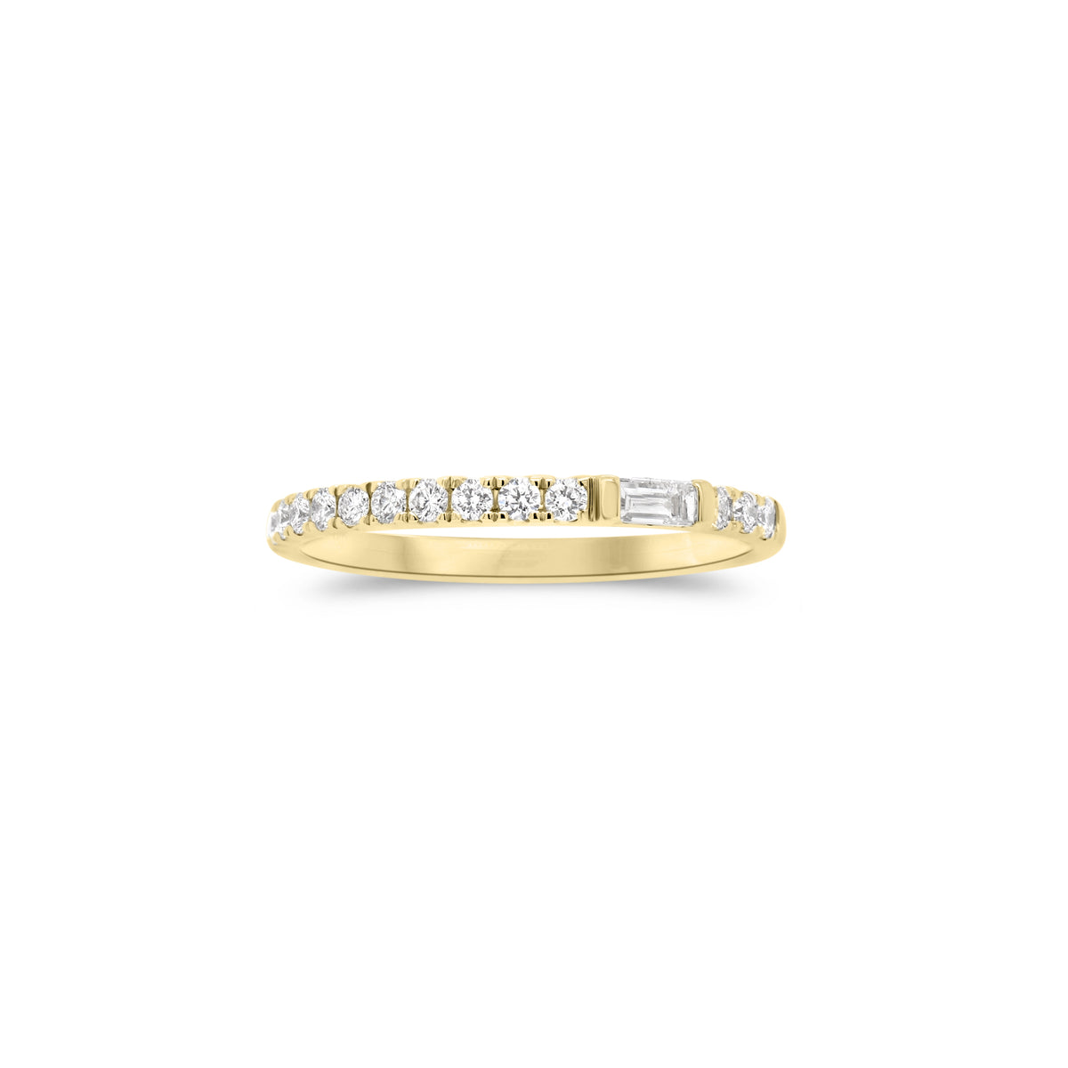 Diamond Slim Stackable Ring  - 18K gold weighing 1.47 grams  - 14 round diamonds totaling 0.20 carats  - 0.06 ct slim baguette