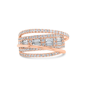 Diamond Baguette Crossover Ring   -14K gold weighing 5.56 grams  -113 round diamonds totaling 0.86 carats  -14 straight baguettes totaling 0.90 carats