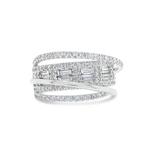 Diamond Baguette Crossover Ring   -14K gold weighing 5.56 grams  -113 round diamonds totaling 0.86 carats  -14 straight baguettes totaling 0.90 carats
