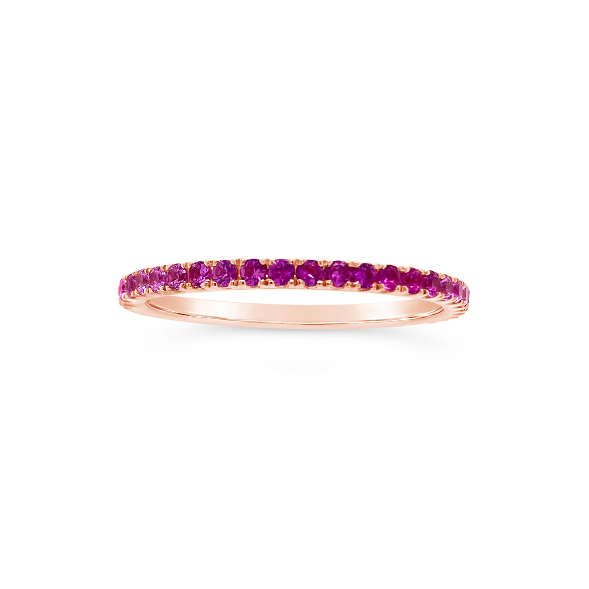 Gradient Diamond and Pink Sapphire Eternity Ring  -14K gold weighing 1.42 grams  -20 round diamonds totaling 0.26 carats  -21 pink sapphires totaling 0.38 carats