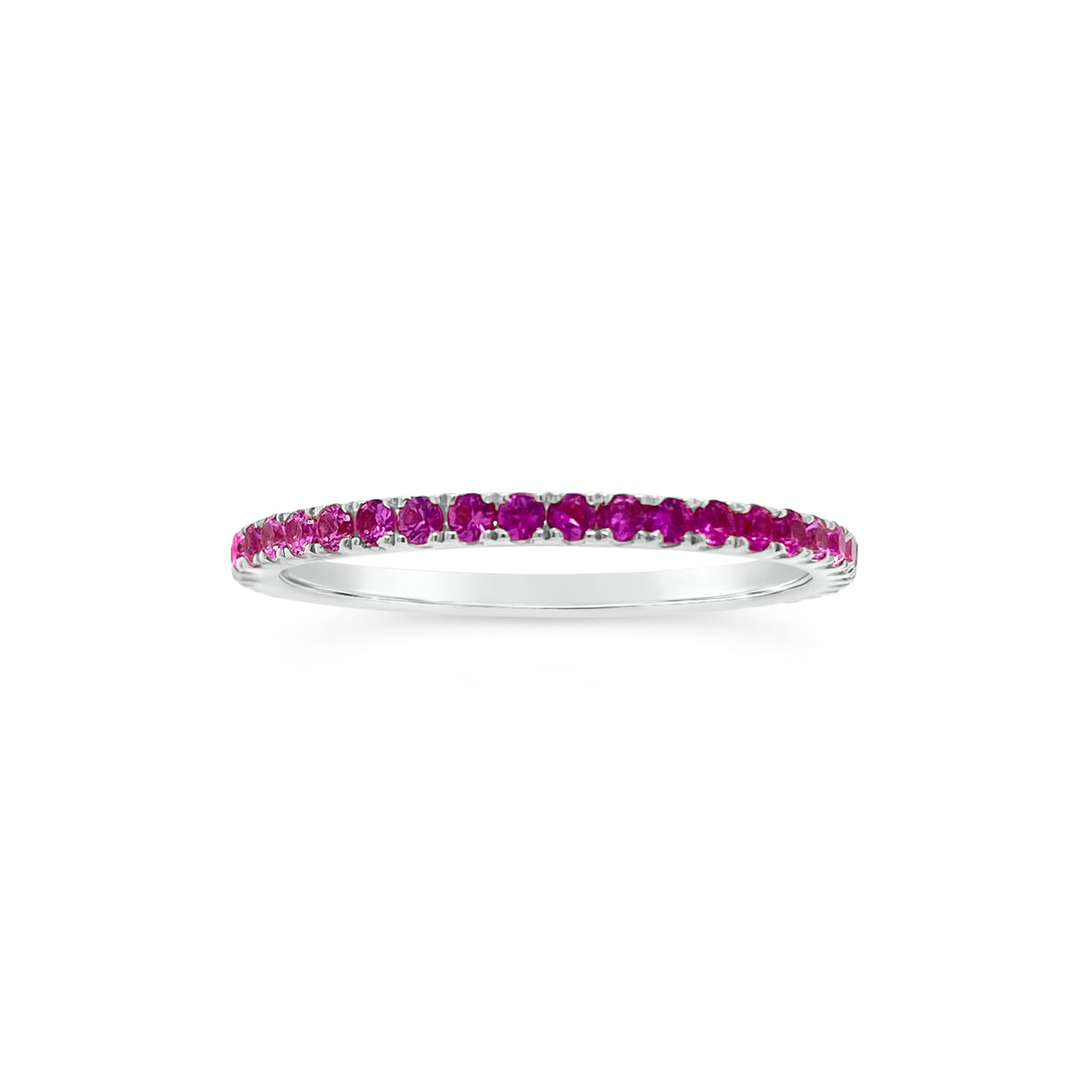 Gradient Diamond and Pink Sapphire Eternity Ring  -14K gold weighing 1.42 grams  -20 round diamonds totaling 0.26 carats  -21 pink sapphires totaling 0.38 carats