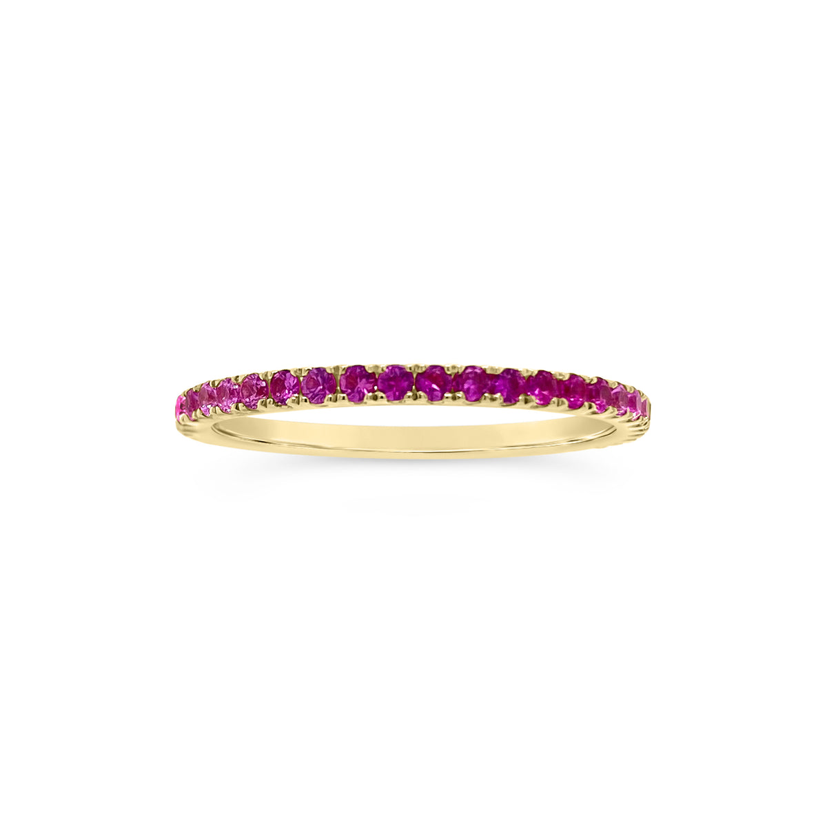 Gradient Diamond and Pink Sapphire Eternity Ring  -14K gold weighing 1.42 grams  -20 round diamonds totaling 0.26 carats  -21 pink sapphires totaling 0.38 carats