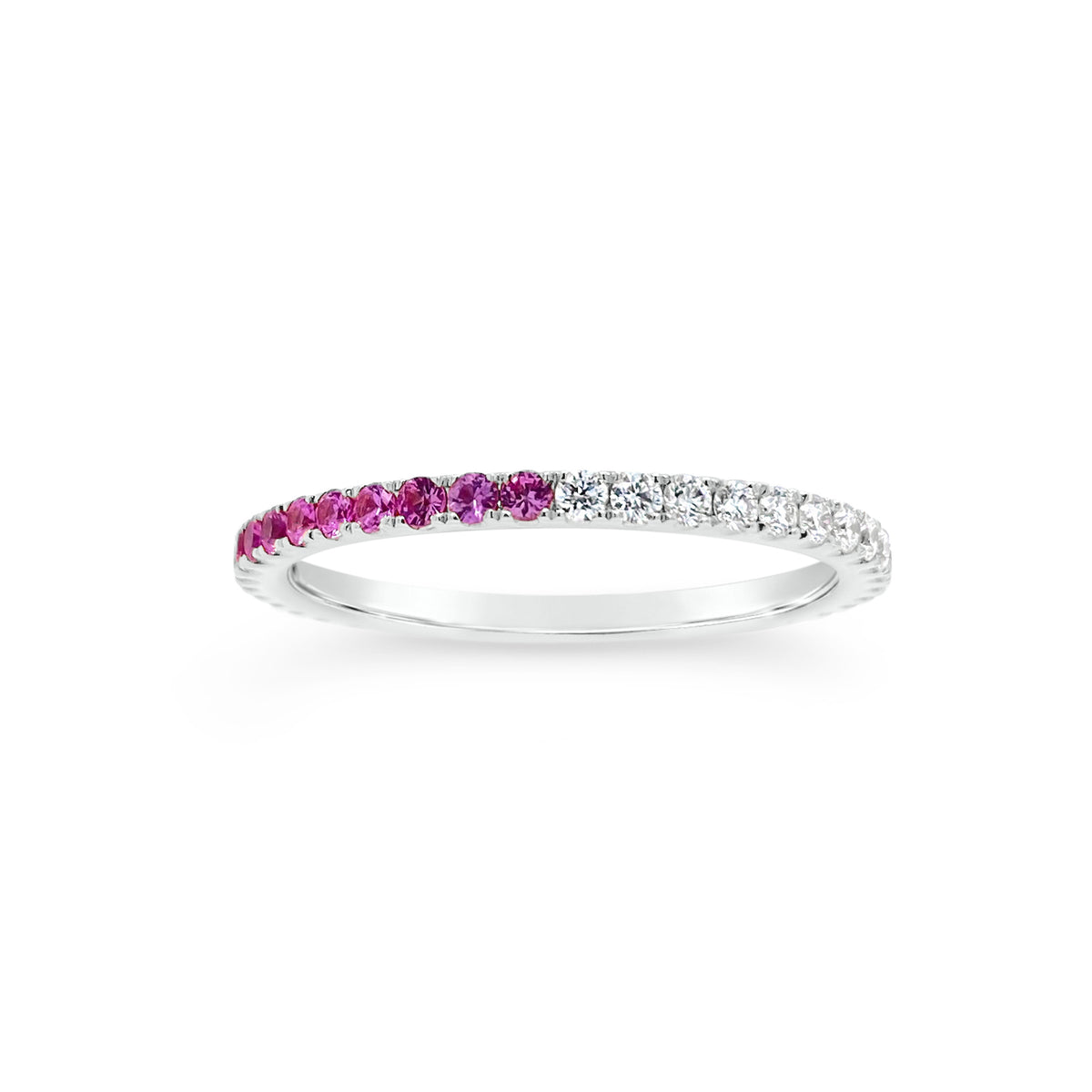 Gradient Diamond and Pink Sapphire Eternity Ring  -14K gold weighing 1.42 grams  -20 round diamonds totaling 0.26 carats  -21 pink sapphires totaling 0.38 carats