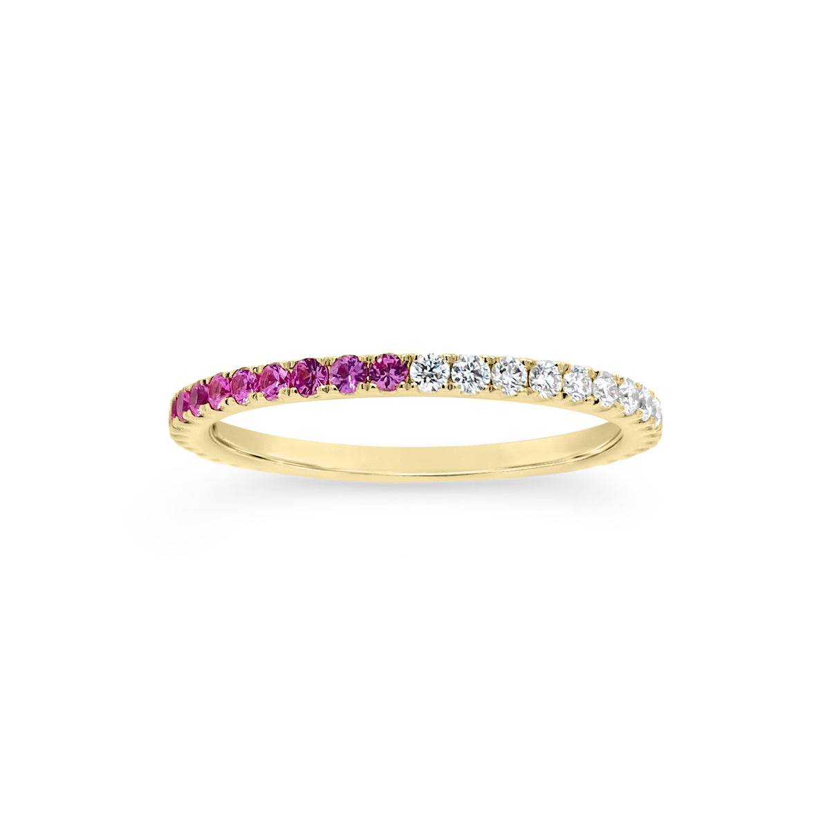 Gradient Diamond and Pink Sapphire Eternity Ring  -14K gold weighing 1.42 grams  -20 round diamonds totaling 0.26 carats  -21 pink sapphires totaling 0.38 carats