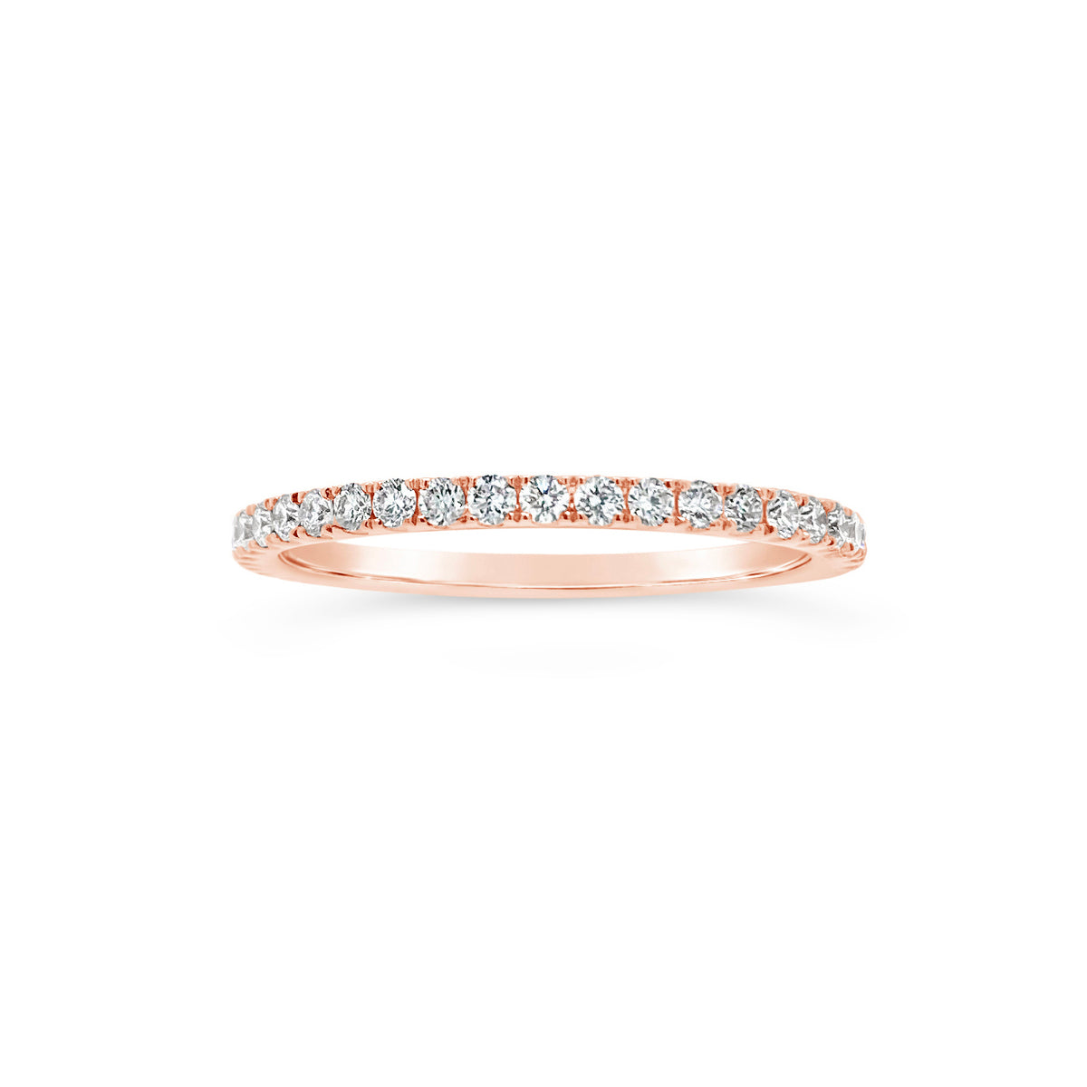 Gradient Diamond and Pink Sapphire Eternity Ring  -14K gold weighing 1.42 grams  -20 round diamonds totaling 0.26 carats  -21 pink sapphires totaling 0.38 carats