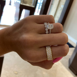Female Model Wearing Cushion Diamond Engagement Ring with Pave Diamond Shank  - 42 round diamonds totaling 0.41 carats  - F - G color, VS2 - SI1 clarity