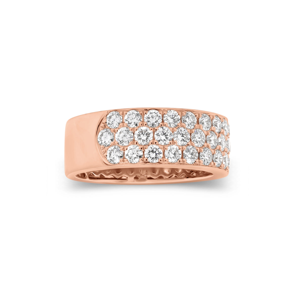 Diamond Triple Row Band  - 18K gold weighing 6.11 grams  - 46 round diamonds totaling 1.88 carats