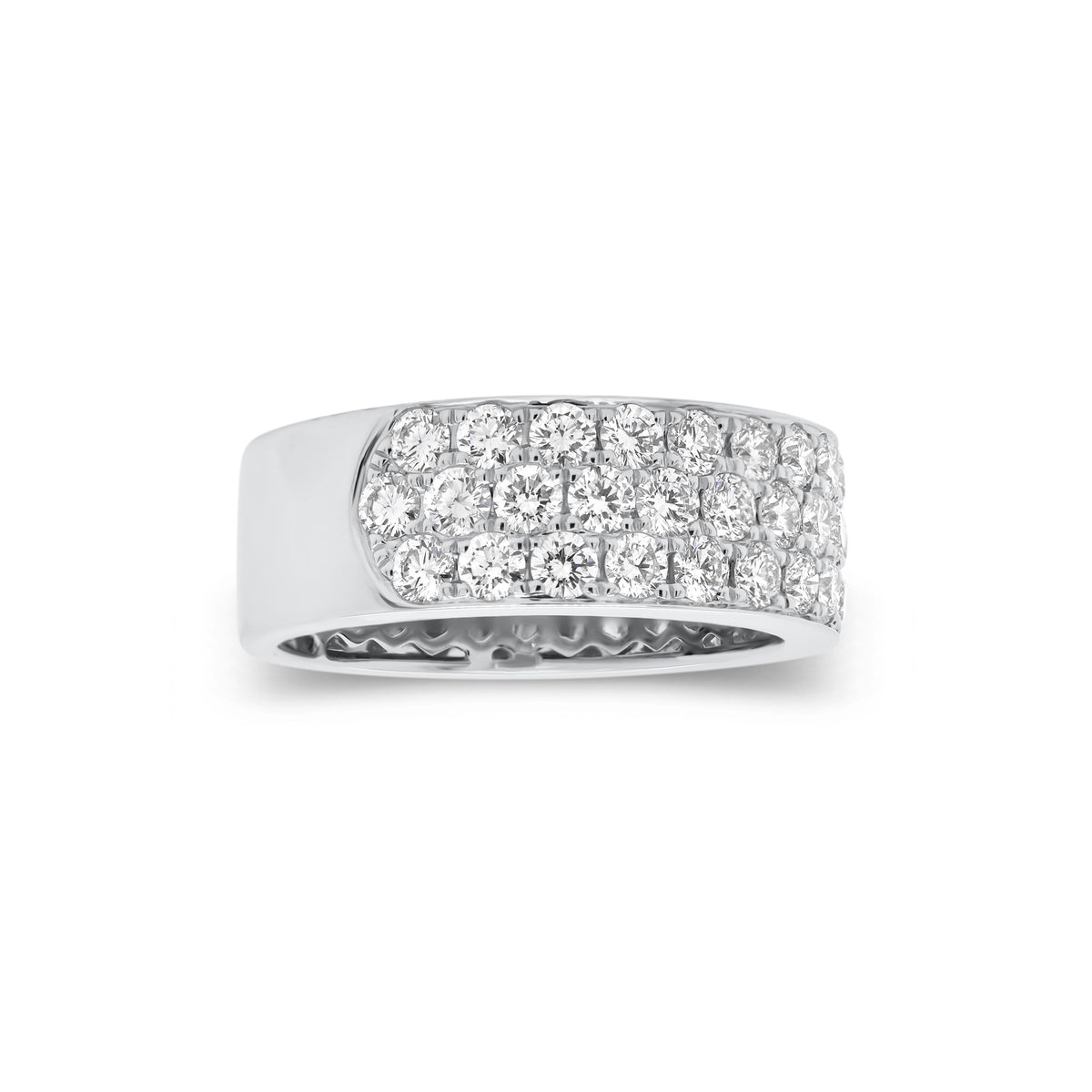 Diamond Triple Row Band  - 18K gold weighing 6.11 grams  - 46 round diamonds totaling 1.88 carats