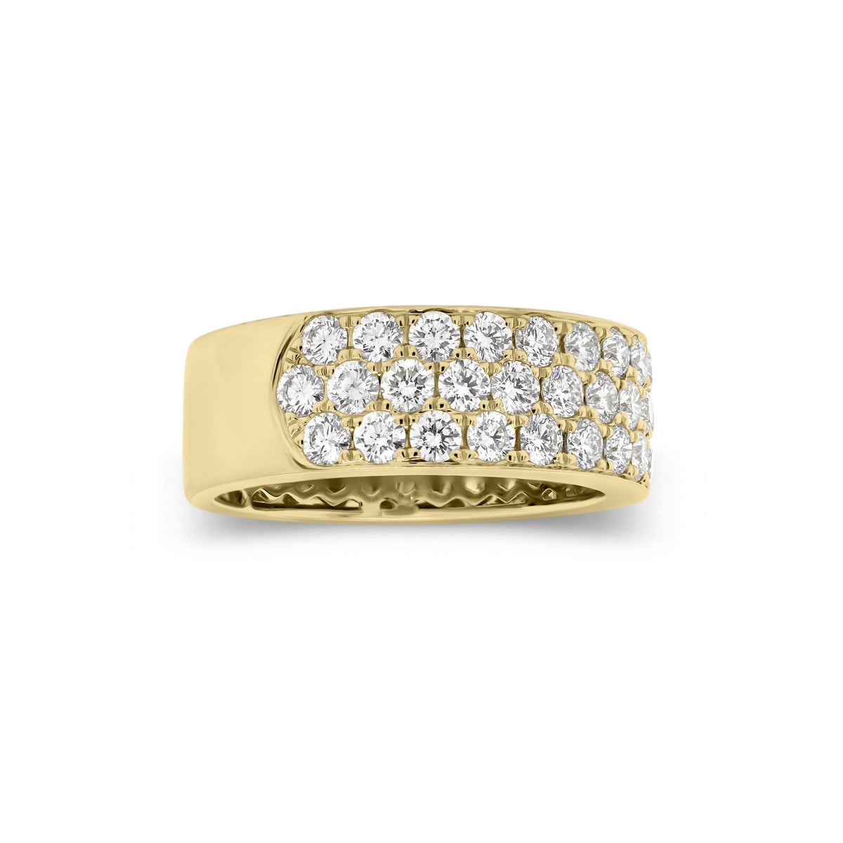 Diamond Triple Row Band  - 18K gold weighing 6.11 grams  - 46 round diamonds totaling 1.88 carats
