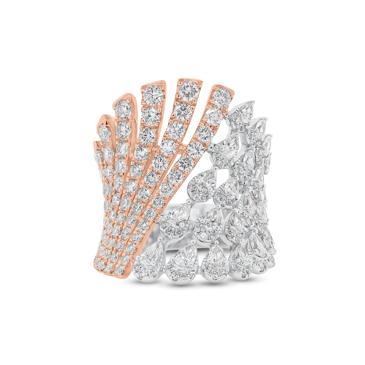 Pear-Shaped Diamond Statement Ring - 18K gold weighing 12.32 grams  - 133 round diamonds weighing 2.01 carats  - 22 pear-shaped diamonds weighing 1.28 carats