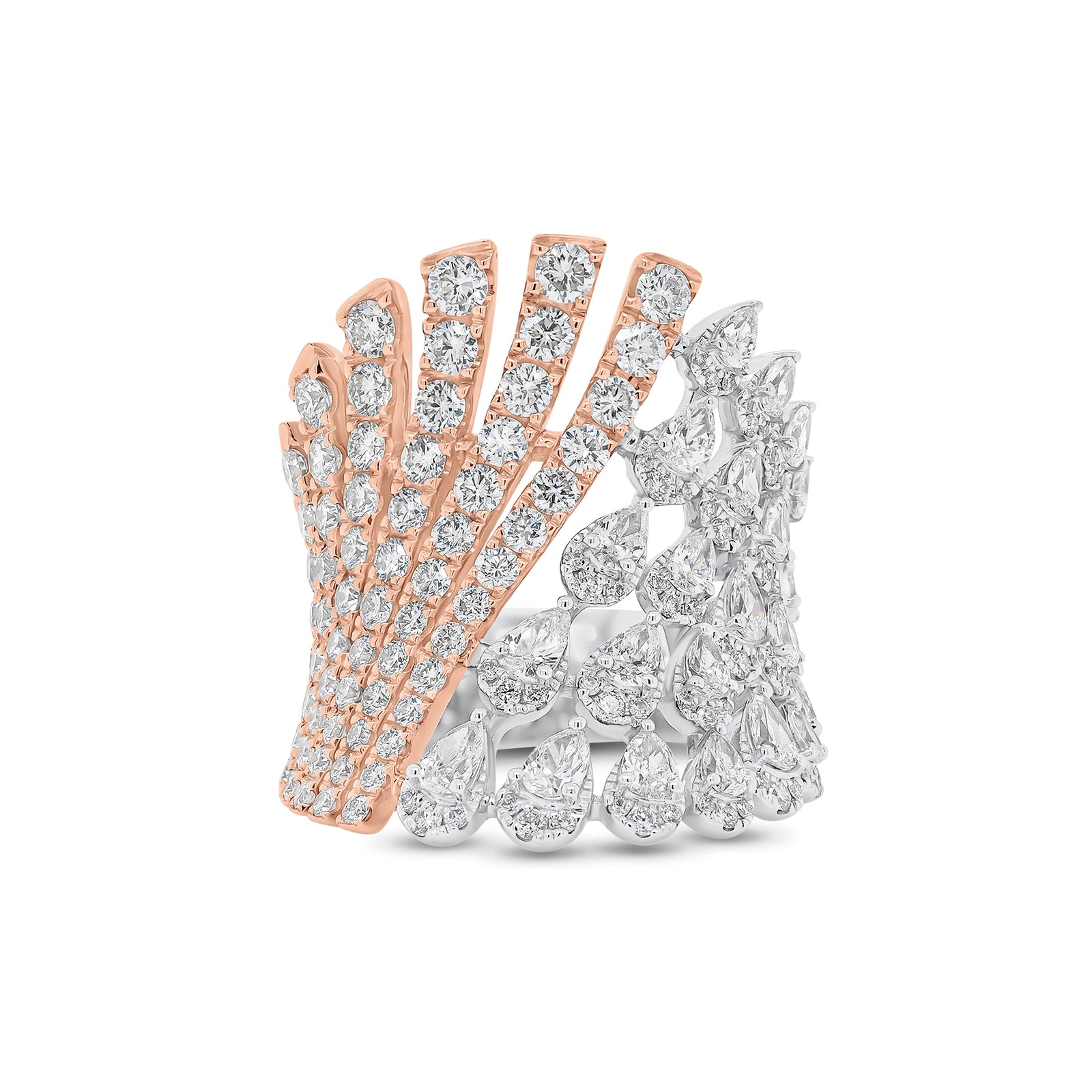 Pear-Shaped Diamond Statement Ring - 18K gold weighing 12.32 grams  - 133 round diamonds weighing 2.01 carats  - 22 pear-shaped diamonds weighing 1.28 carats