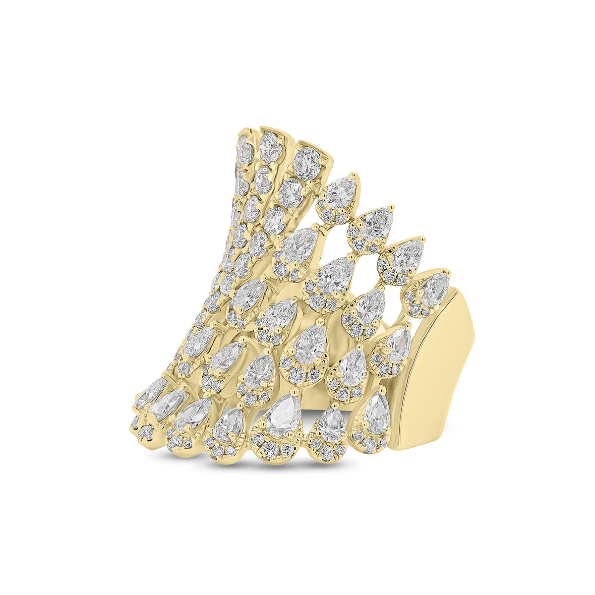 Pear-Shaped Diamond Statement Ring - 18K gold weighing 12.32 grams  - 133 round diamonds weighing 2.01 carats  - 22 pear-shaped diamonds weighing 1.28 carats