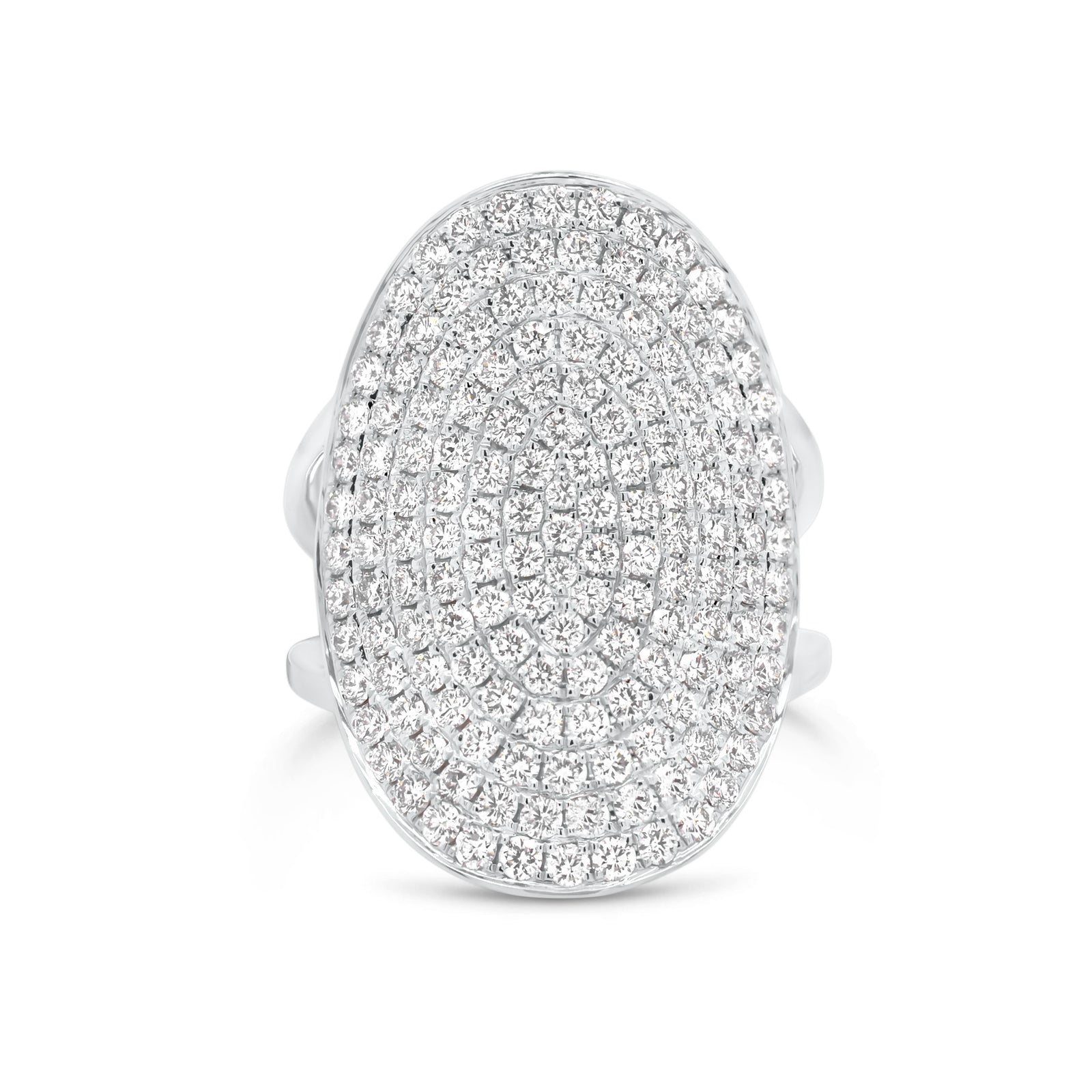 Full-cut Diamond Oval Ring  - 14K gold weighing 10.15 grams  - 153 round diamonds totaling 1.99 carats