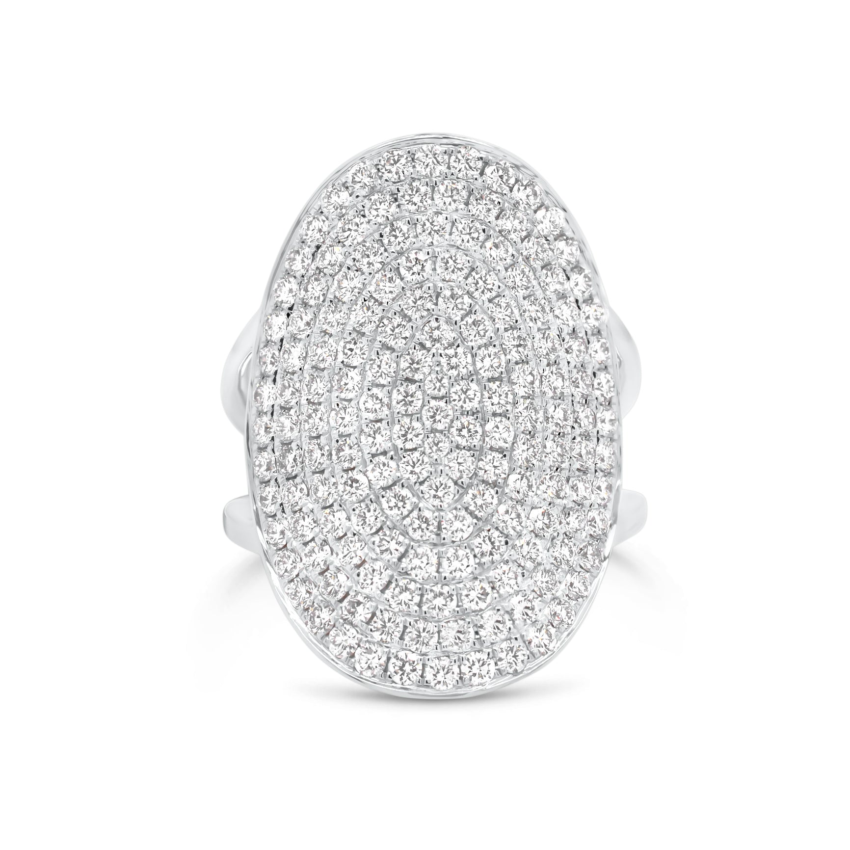 Full-cut Diamond Oval Ring  - 14K gold weighing 10.15 grams  - 153 round diamonds totaling 1.99 carats