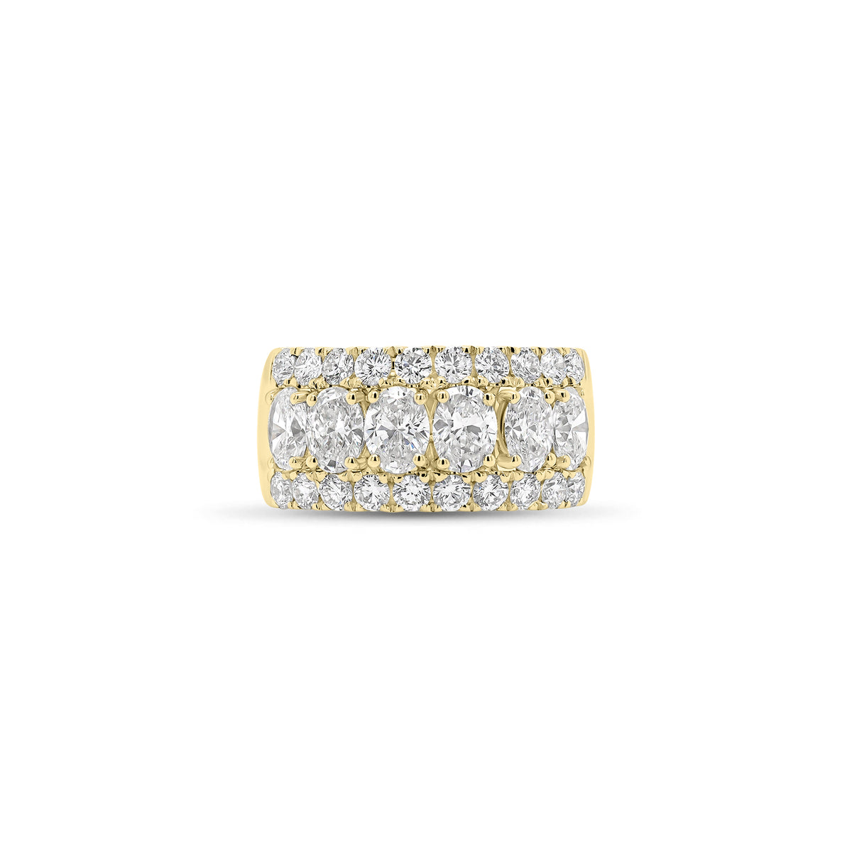 Oval and Round Diamond Wedding Band - 18K gold weighing 6.09 grams  - 6 oval-shaped diamonds weighing 1.82 carats  - 20 round diamonds weighing 0.89 carats
