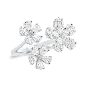Diamond Triple Flower Open Ring - 18K gold weighing 6.11 grams  - 15 pear-shaped diamonds weighing 1.92 carats  - 15 marquise-shaped diamonds weighing 0.47 carats  - 5 princess-cut diamonds weighing 0.13 carats  - 2 round diamonds weighing 0.04 carats