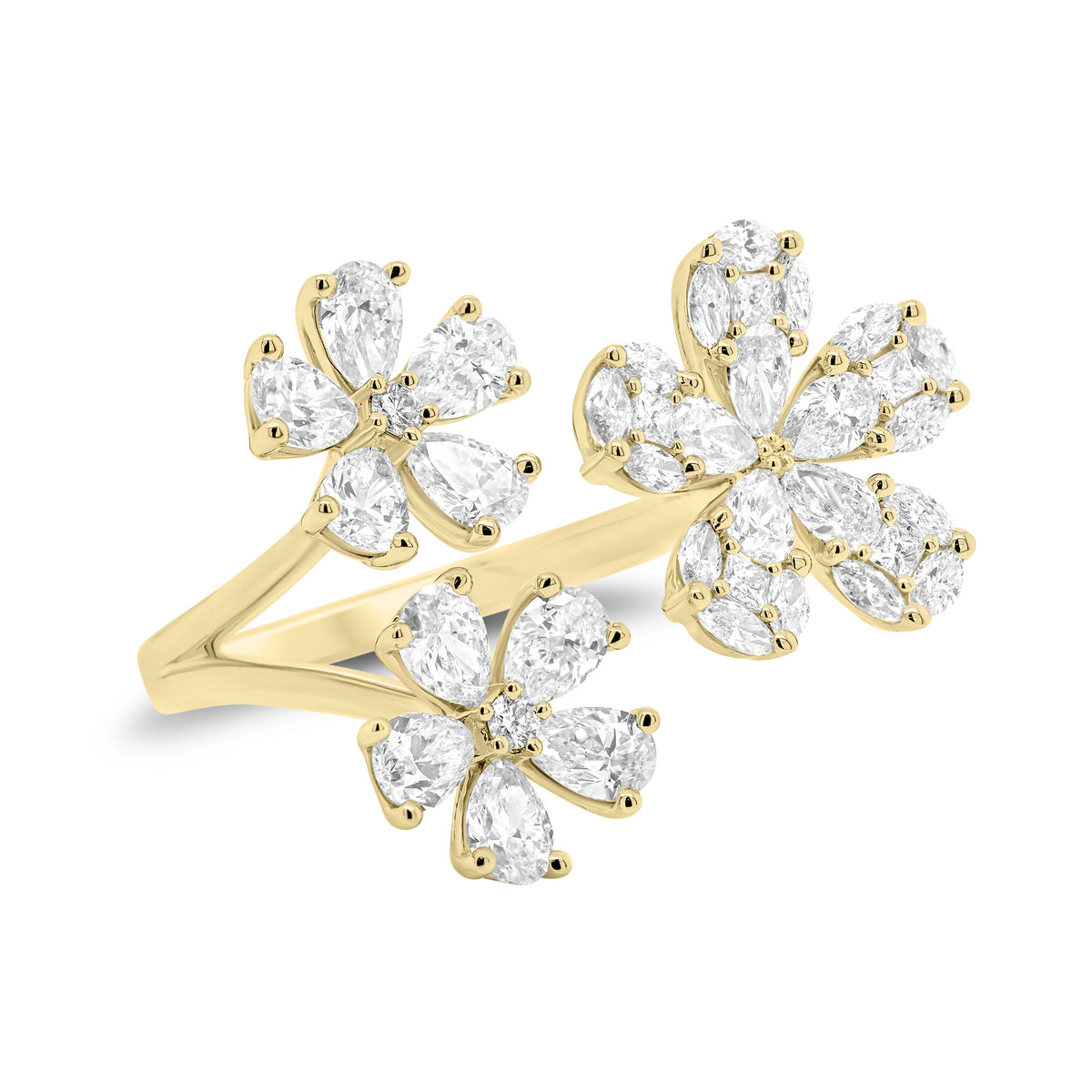 Diamond Triple Flower Open Ring - 18K gold weighing 6.11 grams  - 15 pear-shaped diamonds weighing 1.92 carats  - 15 marquise-shaped diamonds weighing 0.47 carats  - 5 princess-cut diamonds weighing 0.13 carats  - 2 round diamonds weighing 0.04 carats