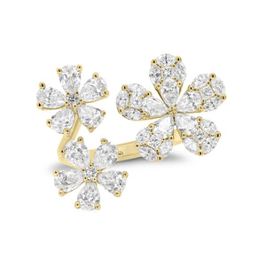 Diamond Triple Flower Open Ring - 18K gold weighing 6.11 grams  - 15 pear-shaped diamonds weighing 1.92 carats  - 15 marquise-shaped diamonds weighing 0.47 carats  - 5 princess-cut diamonds weighing 0.13 carats  - 2 round diamonds weighing 0.04 carats