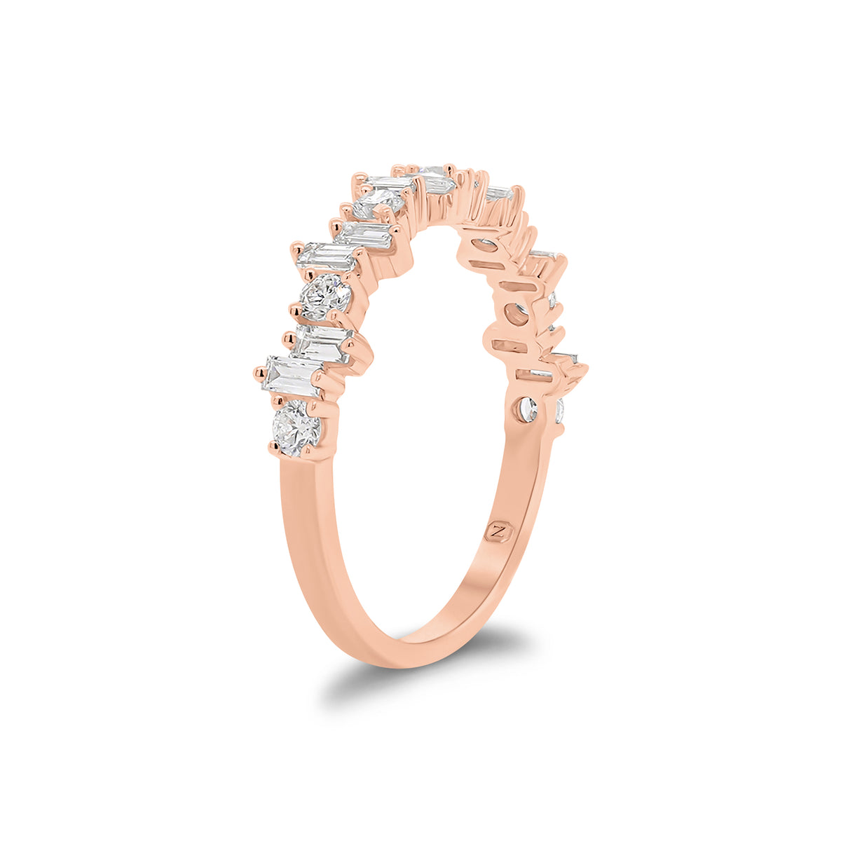 Baguette and Round Diamond Urban Stacking Ring - 18K rose gold weighing 2.11 grams - 7 round diamonds weighing 0.28 carats - 12 slim baguettes weighing 0.33 carats