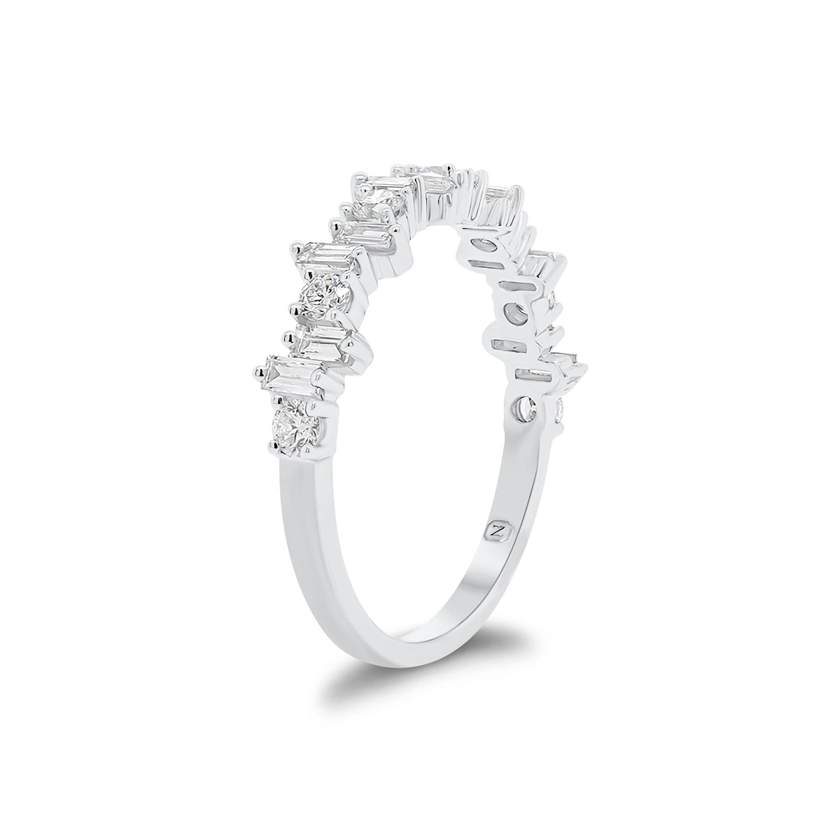 Baguette and Round Diamond Urban Stacking Ring - 18K white gold weighing 2.11 grams  - 7 round diamonds weighing 0.28 carats  - 12 slim baguettes weighing 0.33 carats