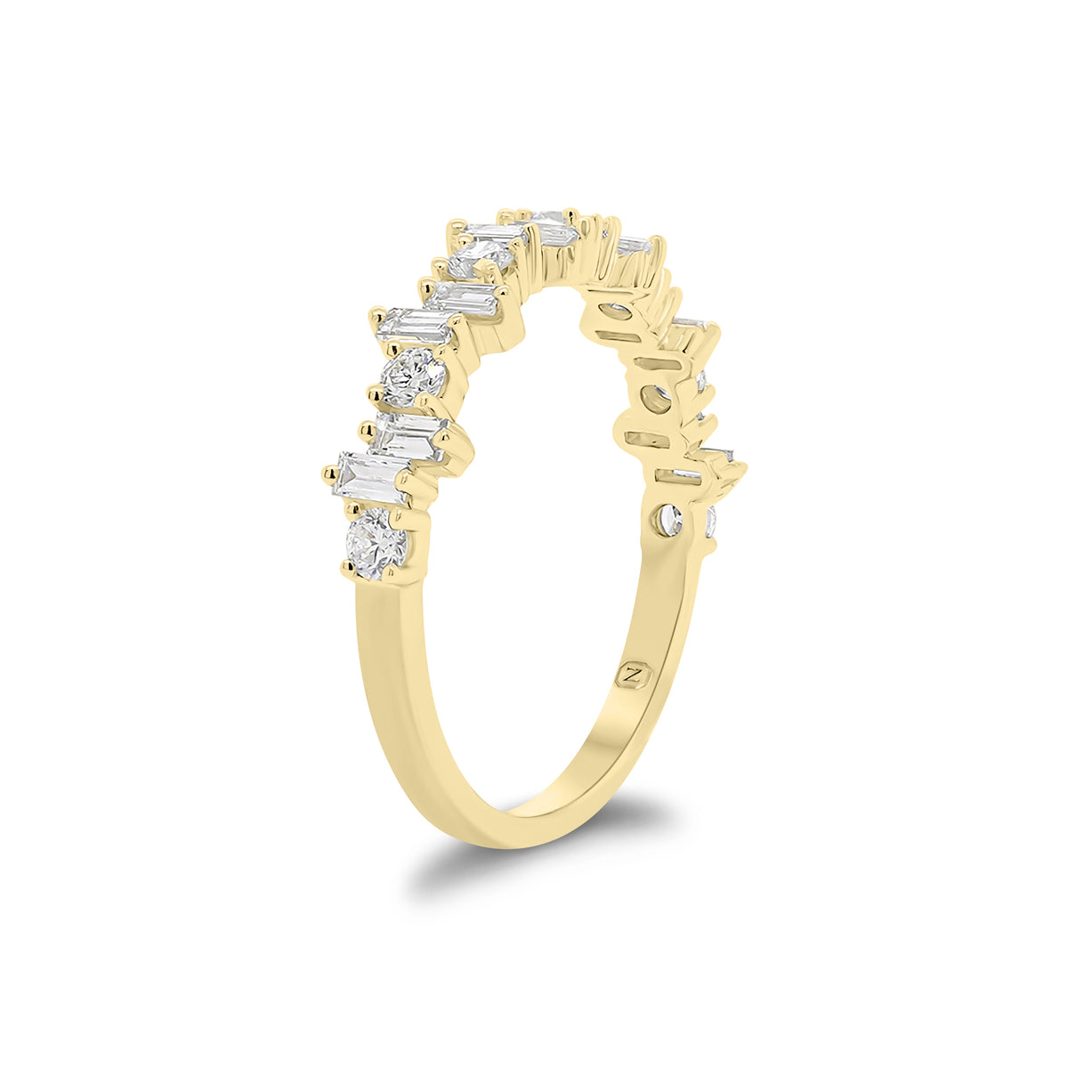 Baguette and Round Diamond Urban Stacking Ring - 18K yellow gold weighing 2.11 grams - 7 round diamonds weighing 0.28 carats - 12 slim baguettes weighing 0.33 carats