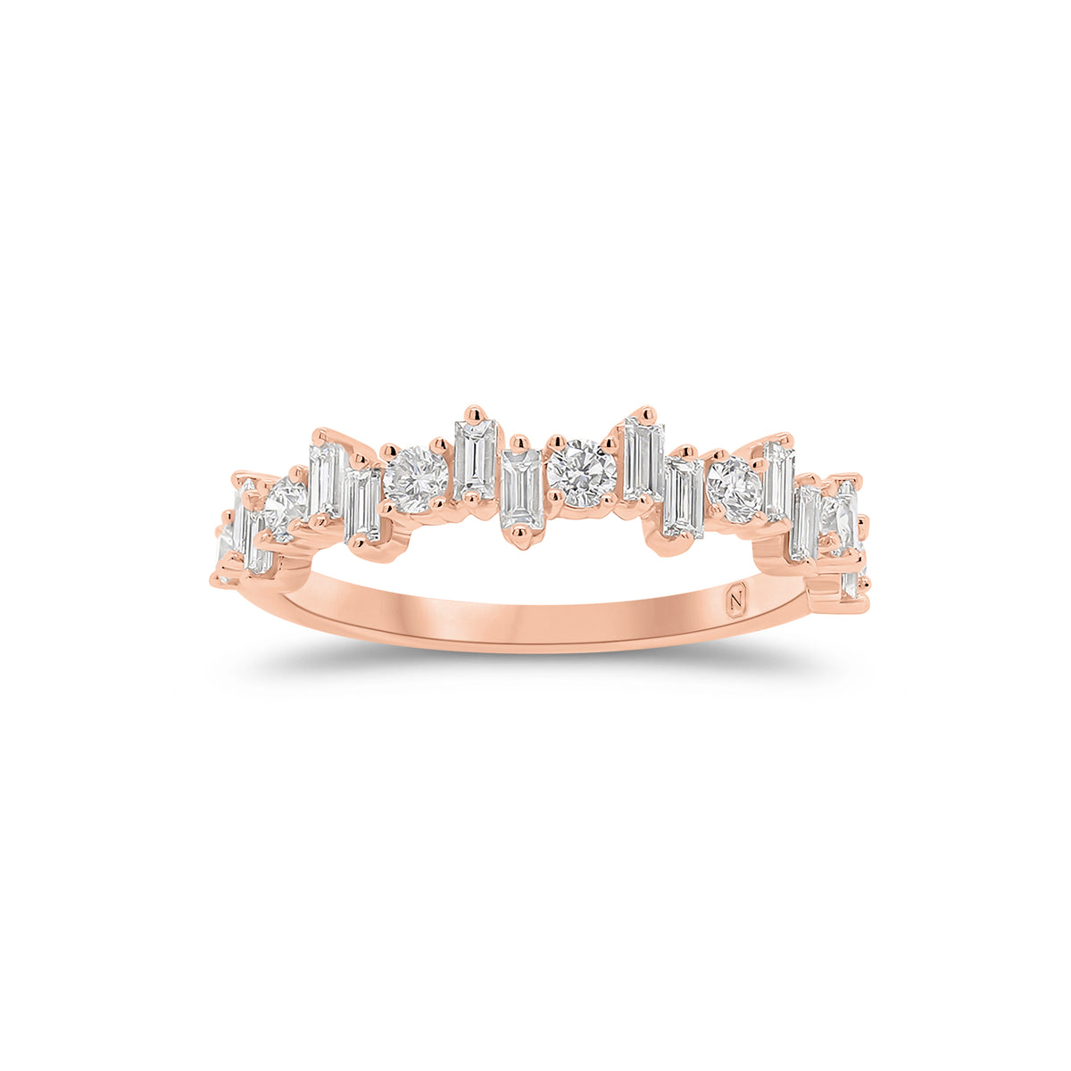 Baguette and Round Diamond Urban Stacking Ring - 18K rose gold weighing 2.11 grams - 7 round diamonds weighing 0.28 carats - 12 slim baguettes weighing 0.33 carats