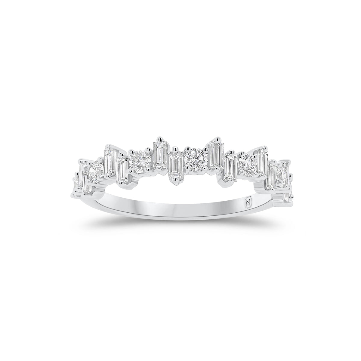 Baguette and Round Diamond Urban Stacking Ring - 18K white gold weighing 2.11 grams - 7 round diamonds weighing 0.28 carats - 12 slim baguettes weighing 0.33 carats