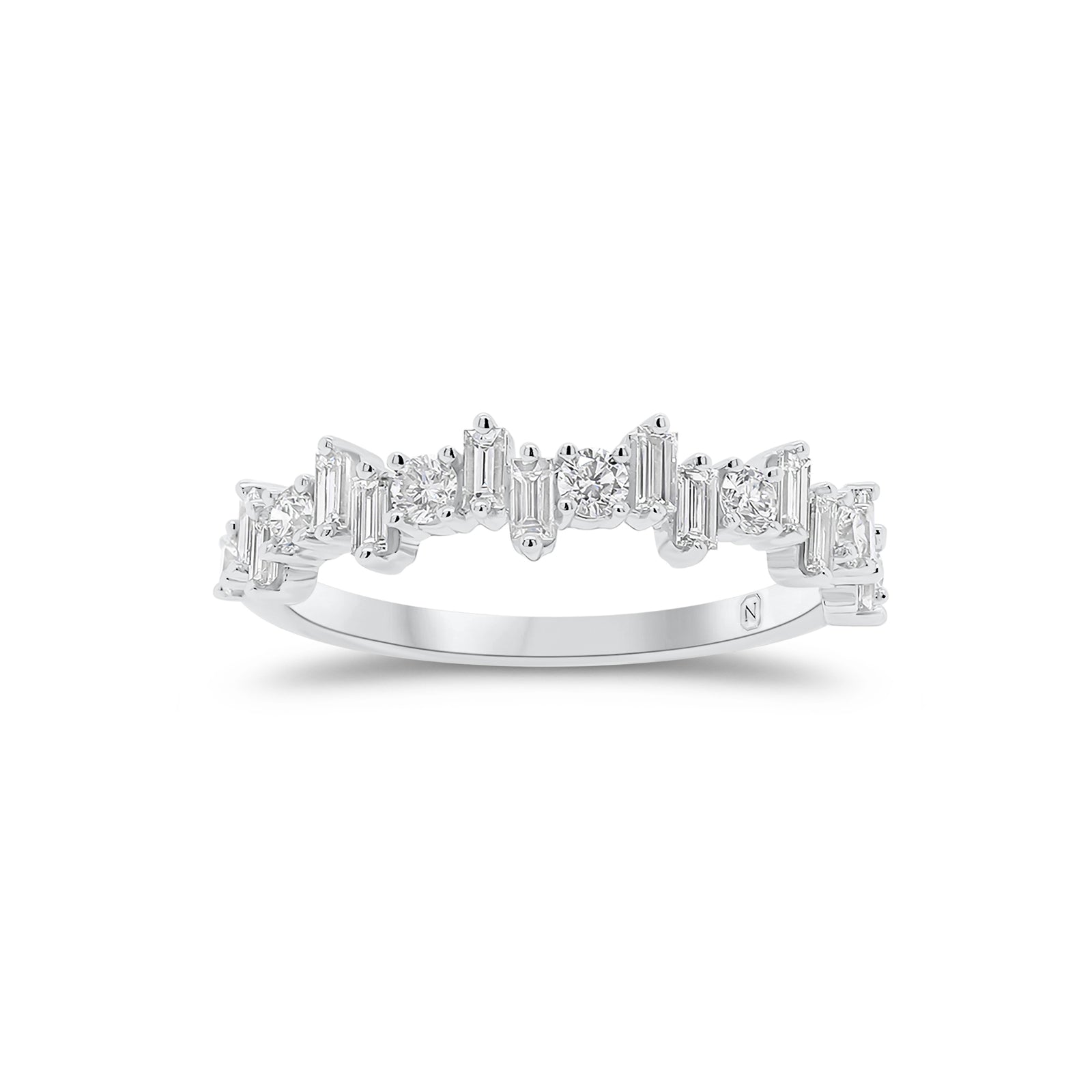 Baguette and Round Diamond Urban Stacking Ring - 18K white gold weighing 2.11 grams - 7 round diamonds weighing 0.28 carats - 12 slim baguettes weighing 0.33 carats