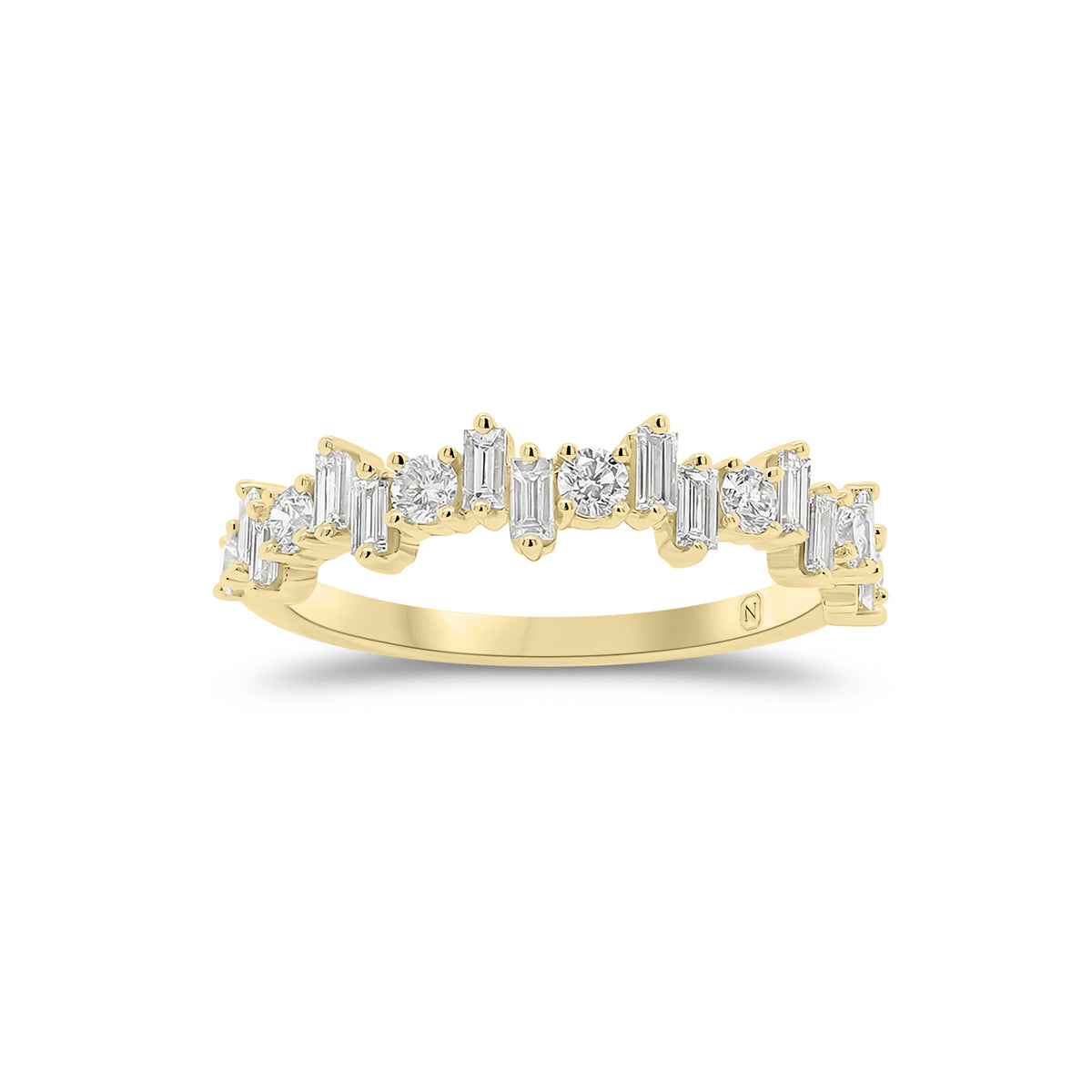 Baguette and Round Diamond Urban Stacking Ring - 18K yellow gold weighing 2.11 grams - 7 round diamonds weighing 0.28 carats - 12 slim baguettes weighing 0.33 carats