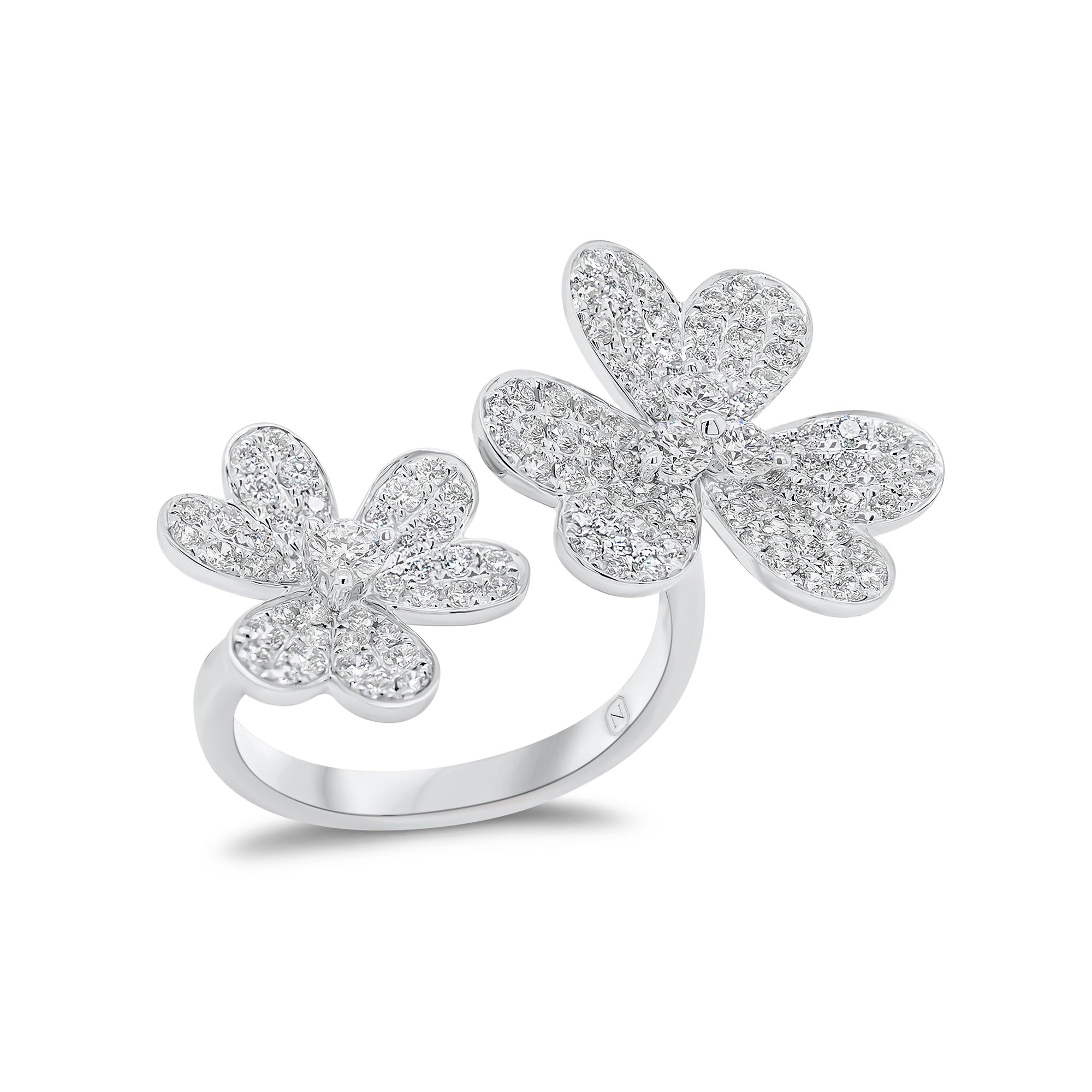 Diamond Double Flower Open Ring - 18K gold weighing 5.66 grams  - 124 round diamonds weighing 1.19 carats