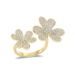Diamond Double Flower Open Ring - 18K gold weighing 5.66 grams  - 124 round diamonds weighing 1.19 carats