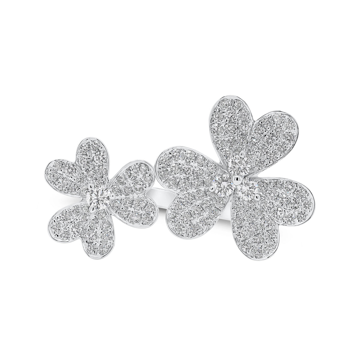 Diamond Double Flower Open Ring - 18K gold weighing 5.66 grams  - 124 round diamonds weighing 1.19 carats
