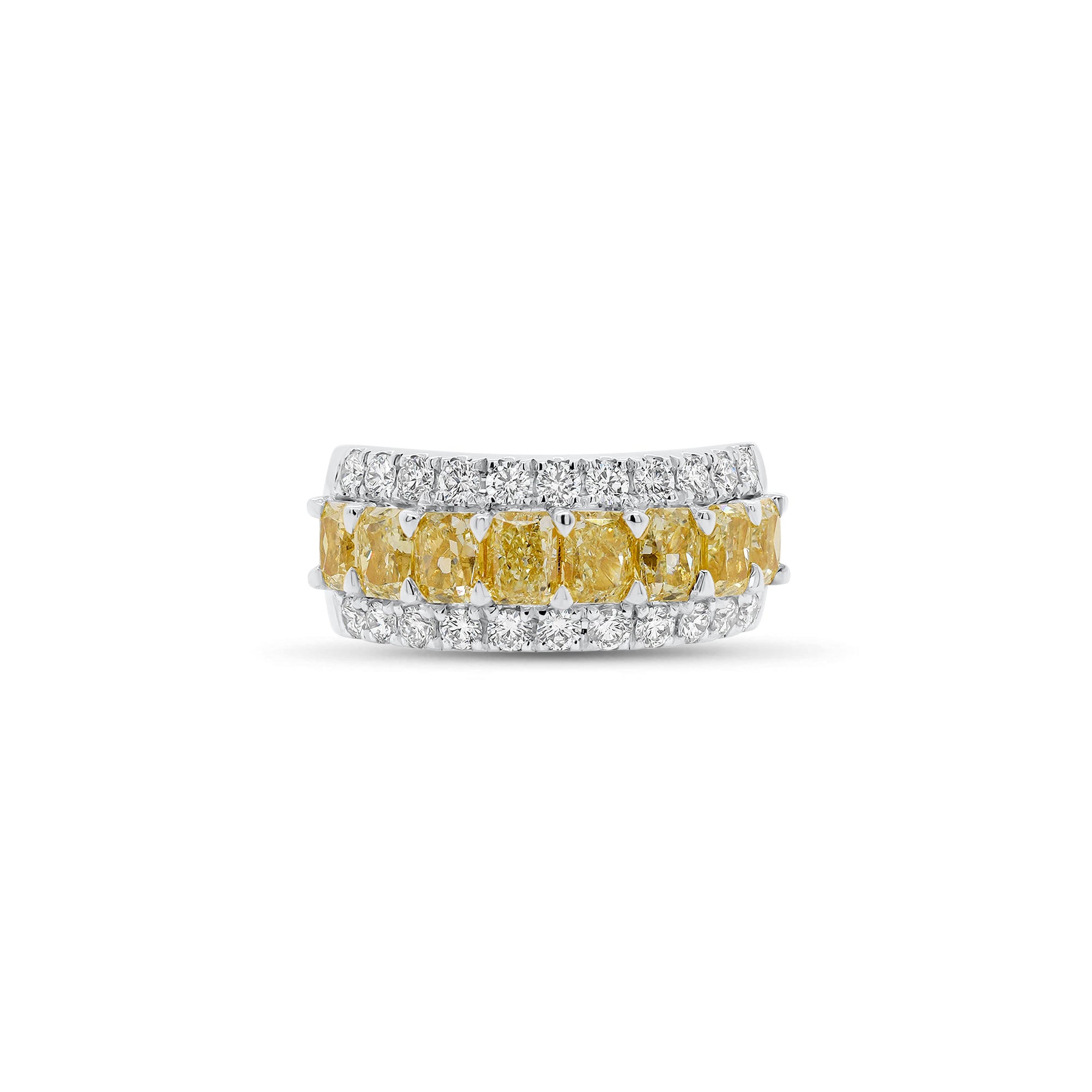 Fancy Yellow Diamond Wedding Band - 18K gold weighing 7.25 grams  - 22 round diamonds weighing 0.73 carats  - 8 Fancy yellow radiant-cut diamonds weighing 2.75 carats