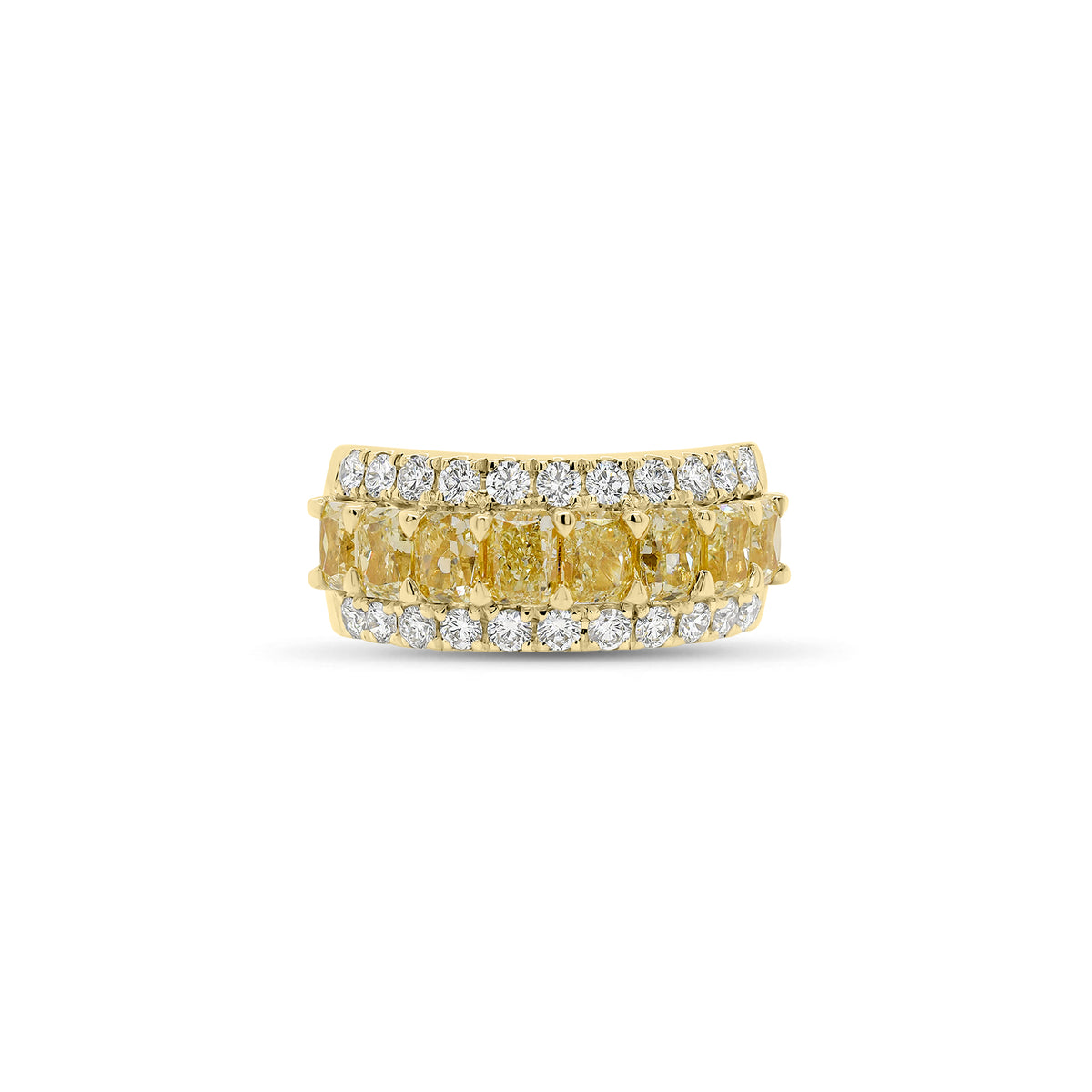 Fancy Yellow Diamond Wedding Band - 18K gold weighing 7.25 grams  - 22 round diamonds weighing 0.73 carats  - 8 Fancy yellow radiant-cut diamonds weighing 2.75 carats