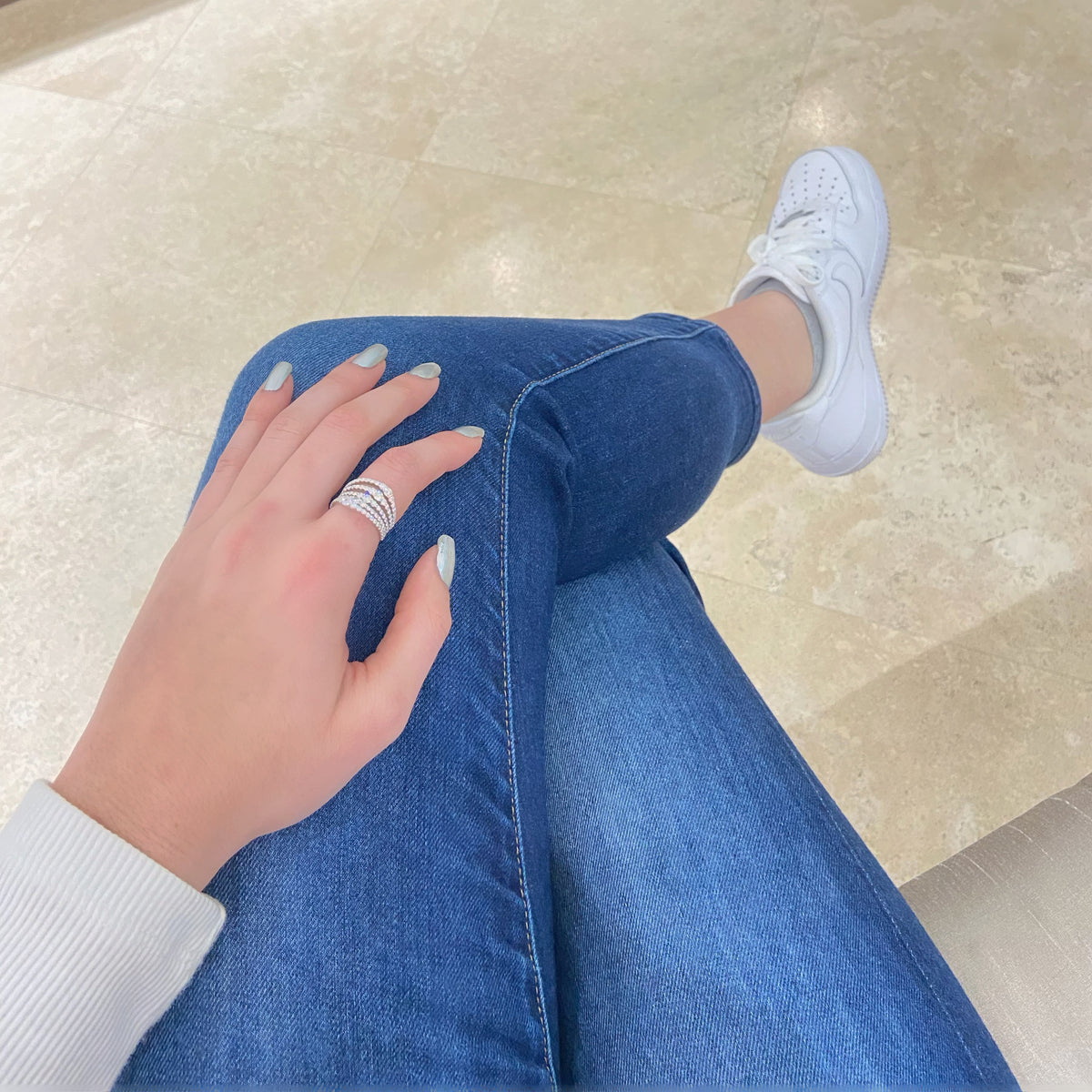 Female Model Wearing Graduated Diamond Multi-Band Ring  - 18K gold weighing 7.79 grams  - 93 round diamonds totaling 2.01 carats