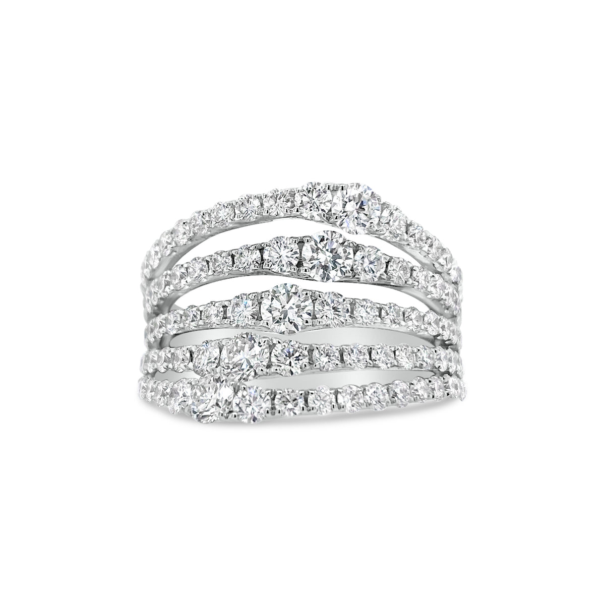 Graduated Diamond Multi-Band Ring  - 18K gold weighing 7.79 grams  - 93 round diamonds totaling 2.01 carats