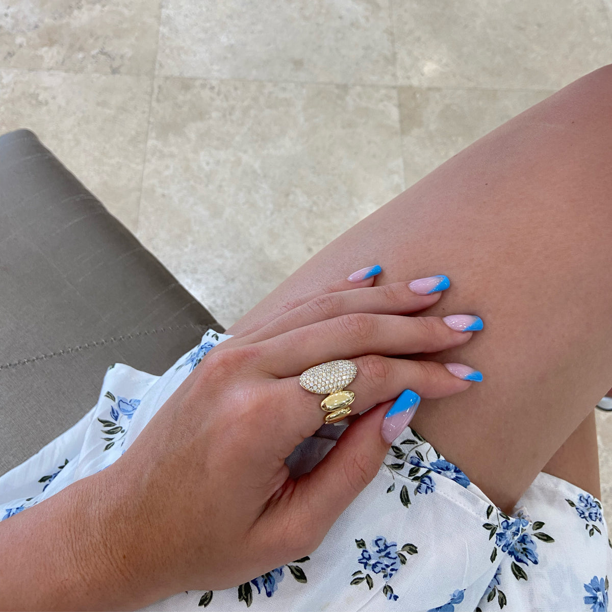 Female Model Wearing Pave Diamond Ovals Statement Ring  - 14K gold weighing 7.88 grams  - 123 round diamonds totaling 1.78 carats