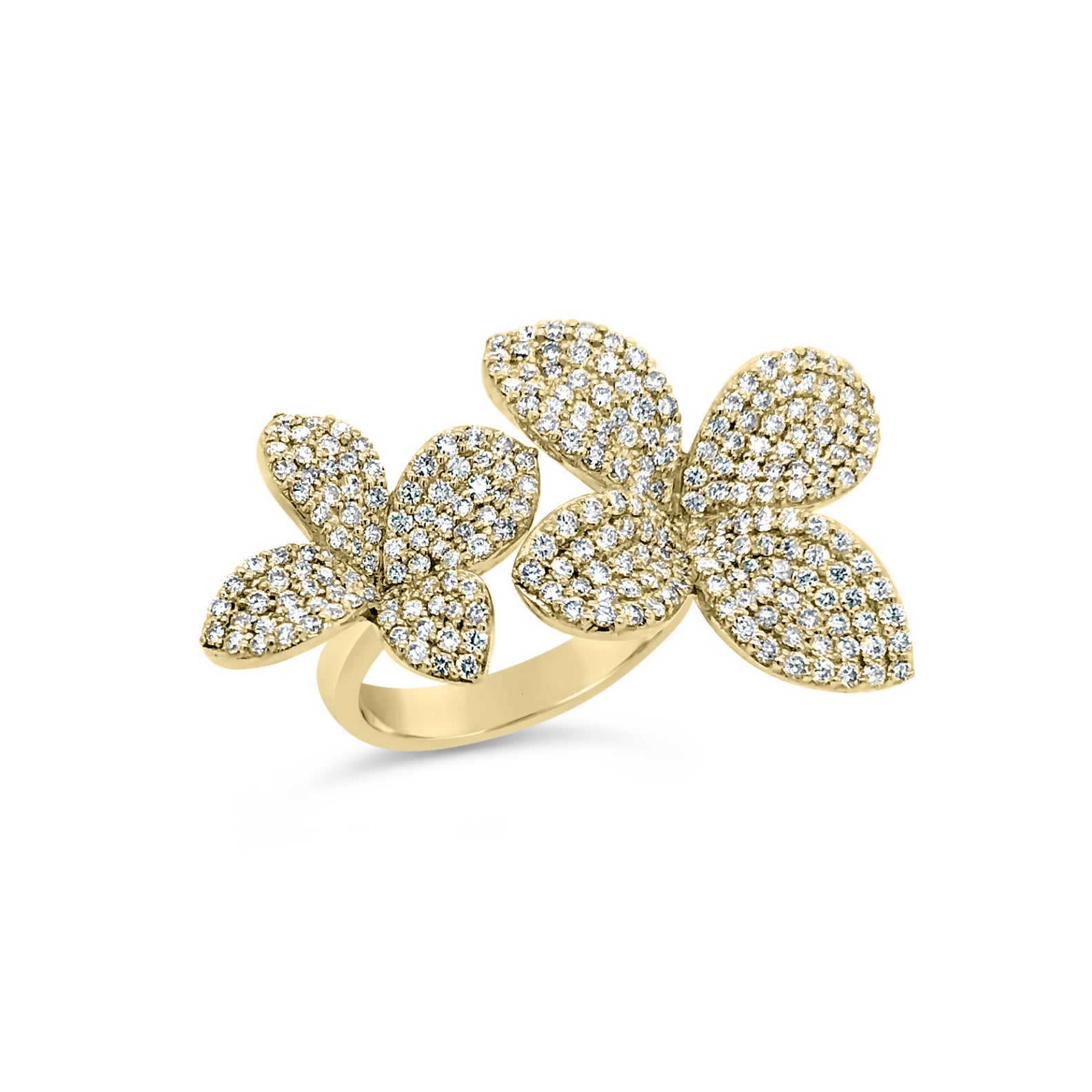 Diamond Flower Duo Ring  - 14K gold weighing 8.06 grams.  - 265 round diamonds totaling 1.96 carats. 