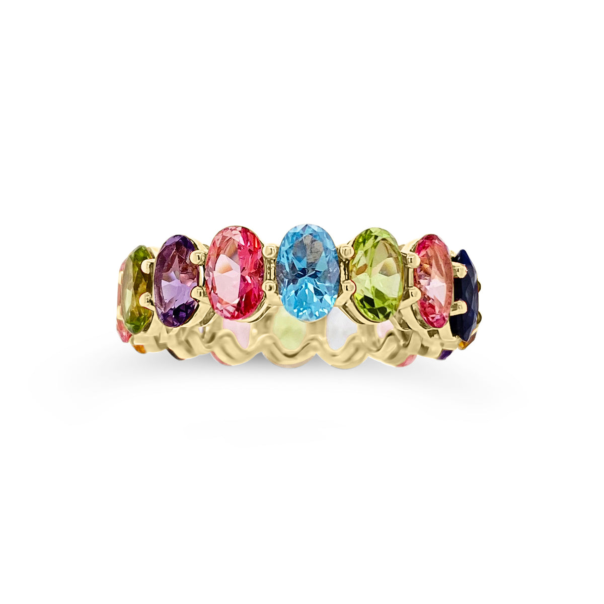 Multicolor gemstone eternity ring  -14K gold weighing 3.52 grams  -16 multicolor topaz gemstones weighing 7.47 carats