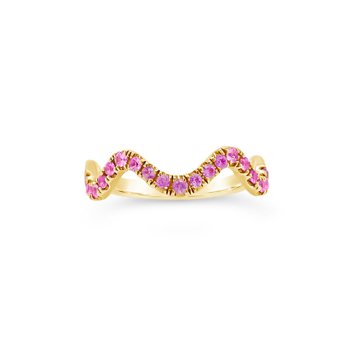 Pink Sapphire Stackable Wavy Ring  - 14K gold weighing 1.80 grams  - 19 pink sapphires totaling 0.32 carats