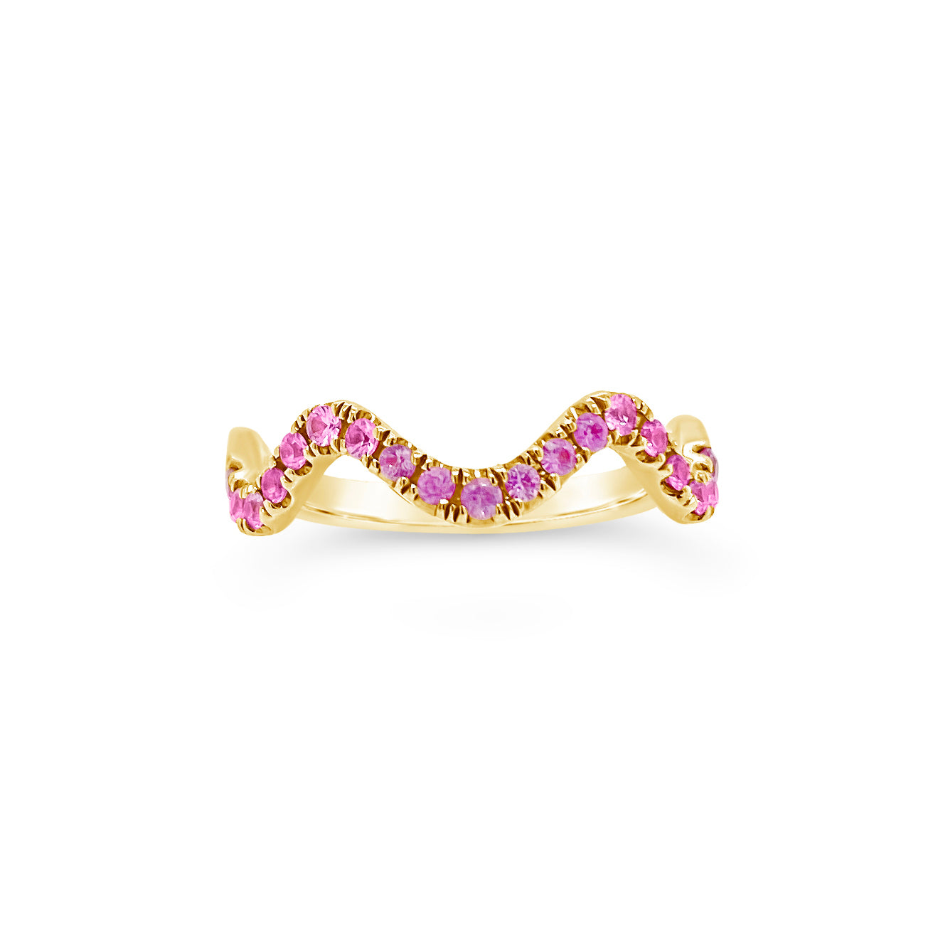 Pink Sapphire Stackable Wavy Ring  - 14K gold weighing 1.80 grams  - 19 pink sapphires totaling 0.32 carats